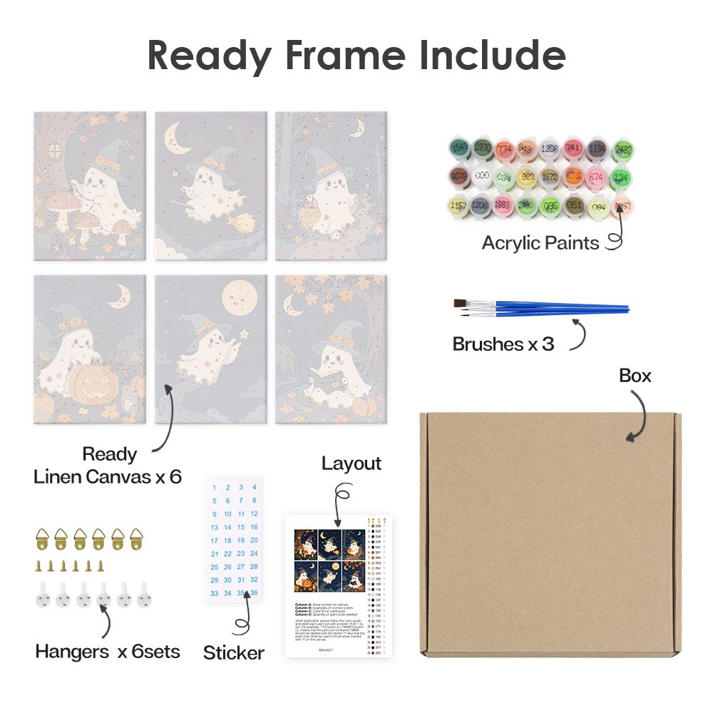 What's included pre-stretched on frame: six framed Wandering Ghosts mini canvases, paints, three brushes, hangers and layout