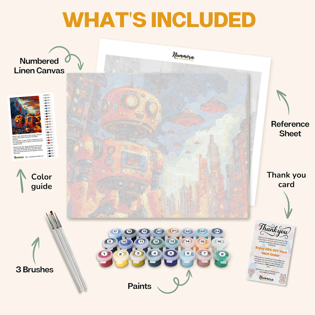 What's included in the War Machines paint by numbers kit: numbered linen canvas, reference sheet, color guide, 24 acrylic paints, 3 brushes and thank you card