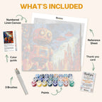 What's included in the War Machines paint by numbers kit: numbered linen canvas, reference sheet, color guide, 24 acrylic paints, 3 brushes and thank you card