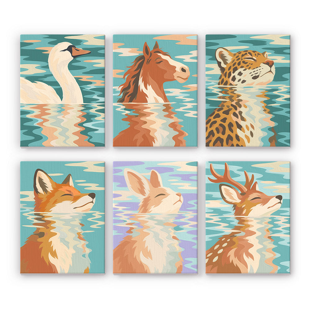 Water Reflections mini paint by numbers set: six animals with rippling reflections, including a swan, horse, leopard, fox, rabbit and deer