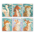 Water Reflections mini paint by numbers set: six animals with rippling reflections, including a swan, horse, leopard, fox, rabbit and deer