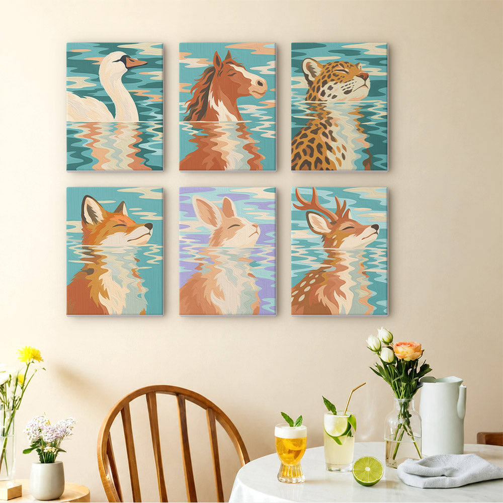 Water Reflections mini paintings displayed as a gallery wall in a sunny kitchen