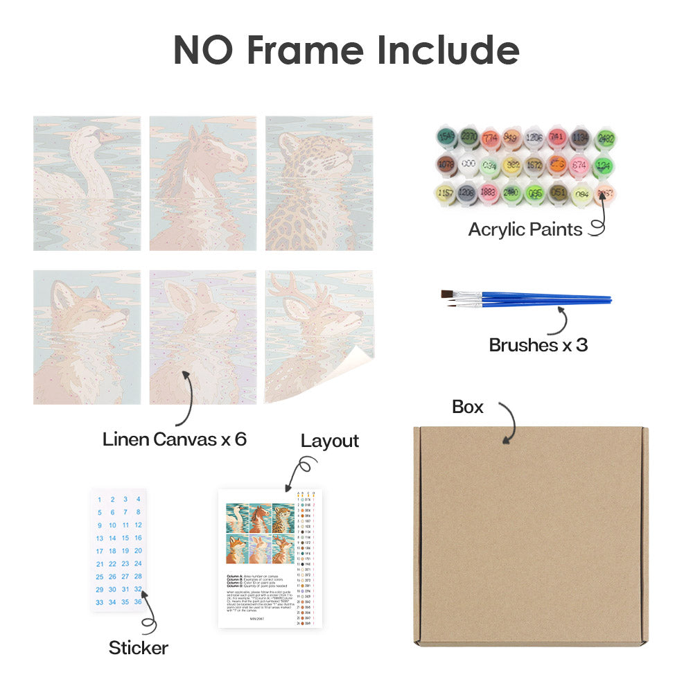 What's included without a frame: six rolled Water Reflections mini canvases, acrylic paints, three brushes and layout