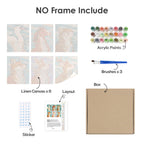 What's included without a frame: six rolled Water Reflections mini canvases, acrylic paints, three brushes and layout