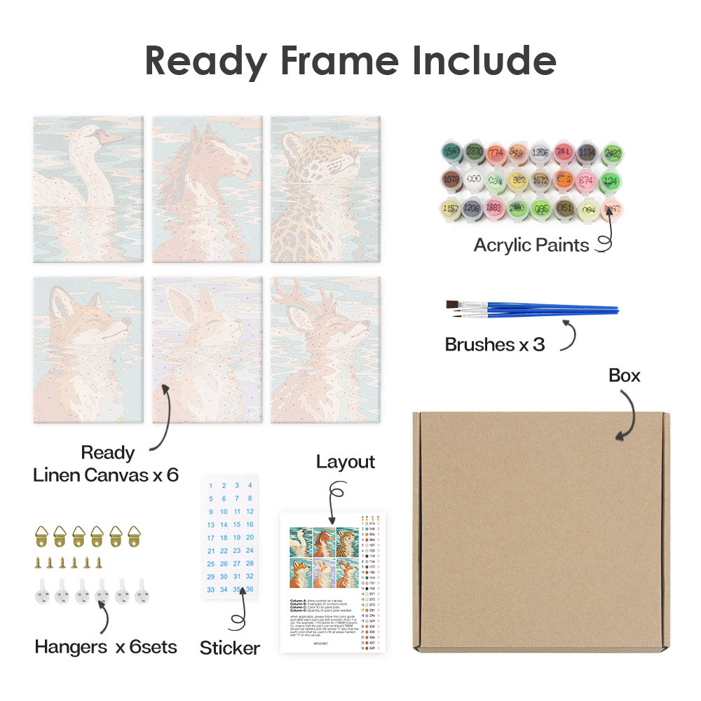 What's included pre-stretched on frame: six framed Water Reflections mini canvases, paints, three brushes, hangers and layout