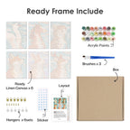 What's included pre-stretched on frame: six framed Water Reflections mini canvases, paints, three brushes, hangers and layout
