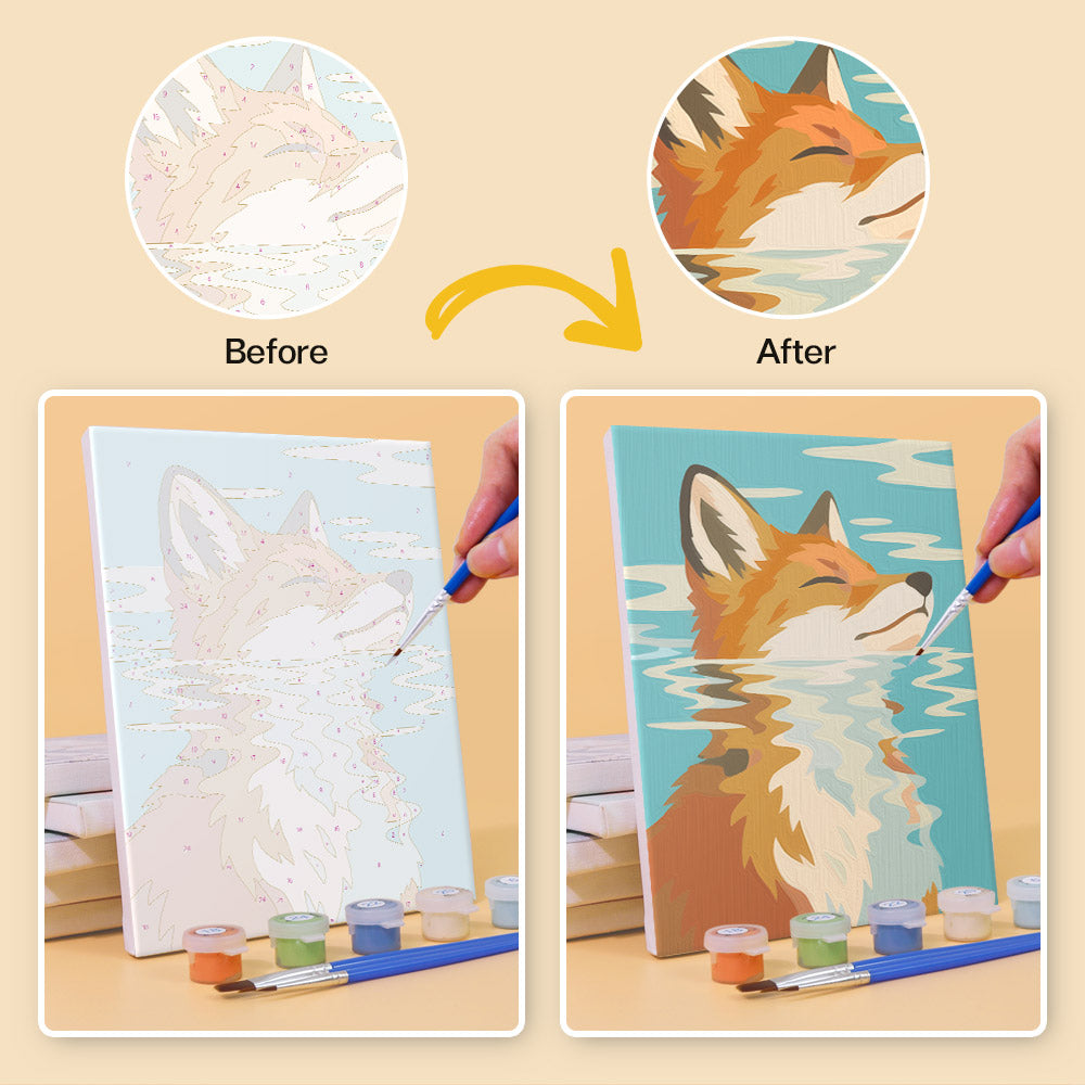 Before and after of a Water Reflections mini paint by numbers canvas
