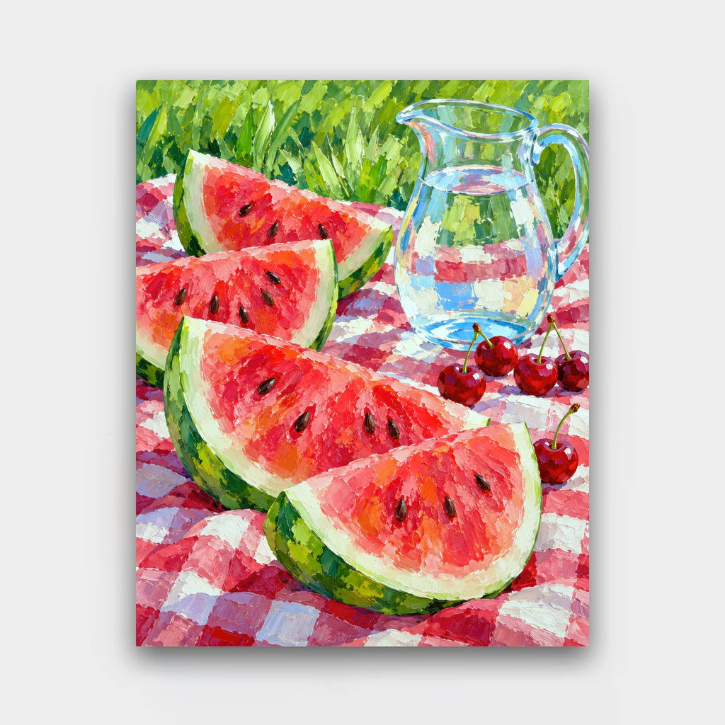 Watermelon Picnic paint by numbers kit of watermelon slices, cherries and a glass jug of water on a red checked picnic blanket