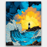 Artistic depiction of a lighthouse surrounded by large waves and colorful sky