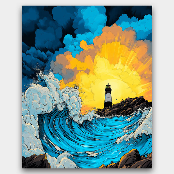 Artistic depiction of a lighthouse surrounded by large waves and colorful sky