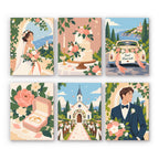 Wedding Day mini paint by numbers set: six designs of a bride, cake, Just Married car, rings, chapel and groom