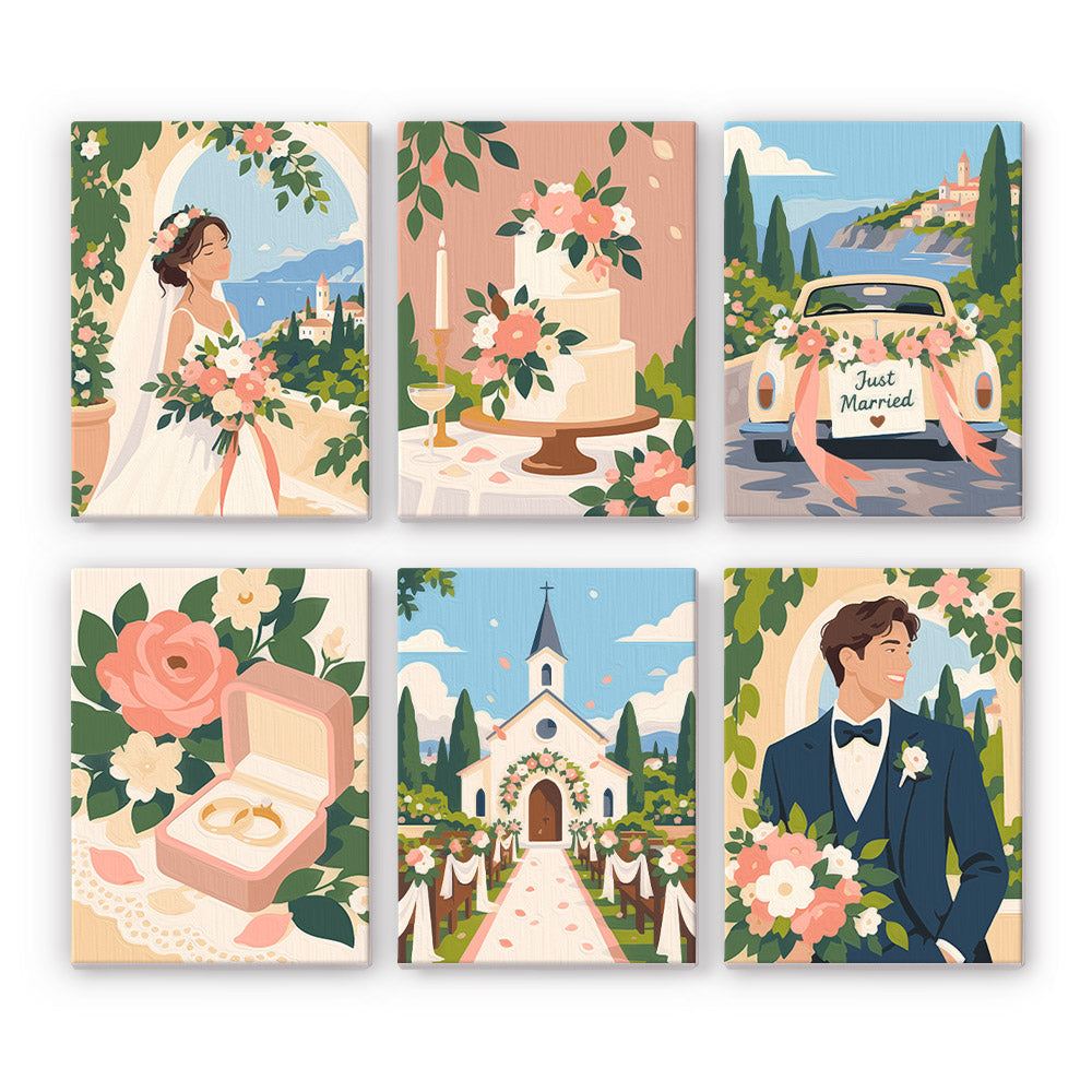 Wedding Day mini paint by numbers set: six designs of a bride, cake, Just Married car, rings, chapel and groom