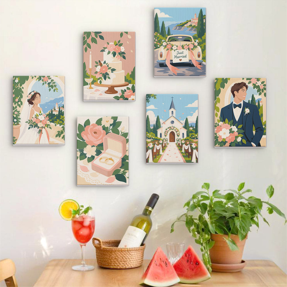 Six finished Wedding Day mini paintings hung on a wall above a table