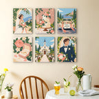 Wedding Day mini paintings displayed as a gallery wall in a sunny kitchen