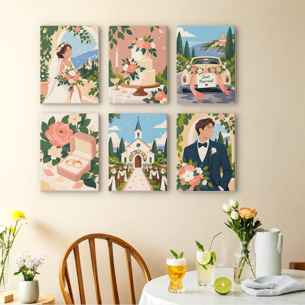 Wedding Day mini paintings displayed as a gallery wall in a sunny kitchen