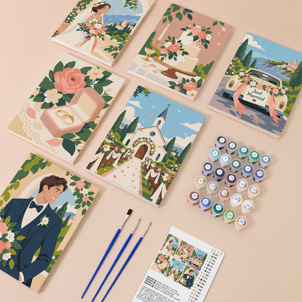 Wedding Day mini paint by numbers kit with six numbered canvases, acrylic paints, brushes and layout