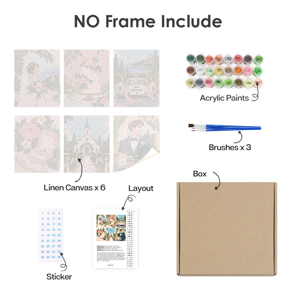 What's included without a frame: six rolled Wedding Day mini canvases, acrylic paints, three brushes and layout