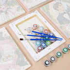 Numbered paint pots and brushes on a pre-stretched Wedding Day mini canvas