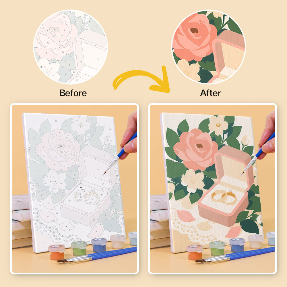 Before and after of a Wedding Day mini paint by numbers canvas