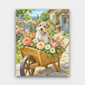 Wheelbarrow Pup paint by numbers kit of a scruffy terrier sitting in a wooden wheelbarrow full of garden flowers