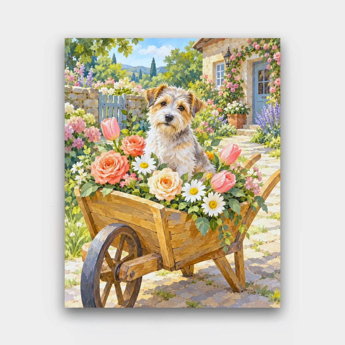 Wheelbarrow Pup paint by numbers kit of a scruffy terrier sitting in a wooden wheelbarrow full of garden flowers