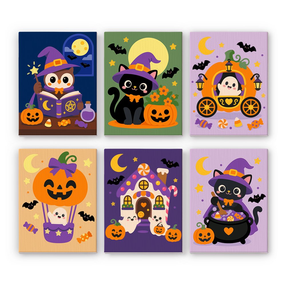Whimsical Witchy Wonders mini paint by numbers set: six whimsical Halloween scenes with an owl, black cats, a pumpkin carriage, a pumpkin balloon and a candy cottage