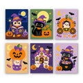 Whimsical Witchy Wonders mini paint by numbers set: six whimsical Halloween scenes with an owl, black cats, a pumpkin carriage, a pumpkin balloon and a candy cottage