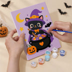 Numbered paint pots and brushes on a pre-stretched Whimsical Witchy Wonders mini canvas
