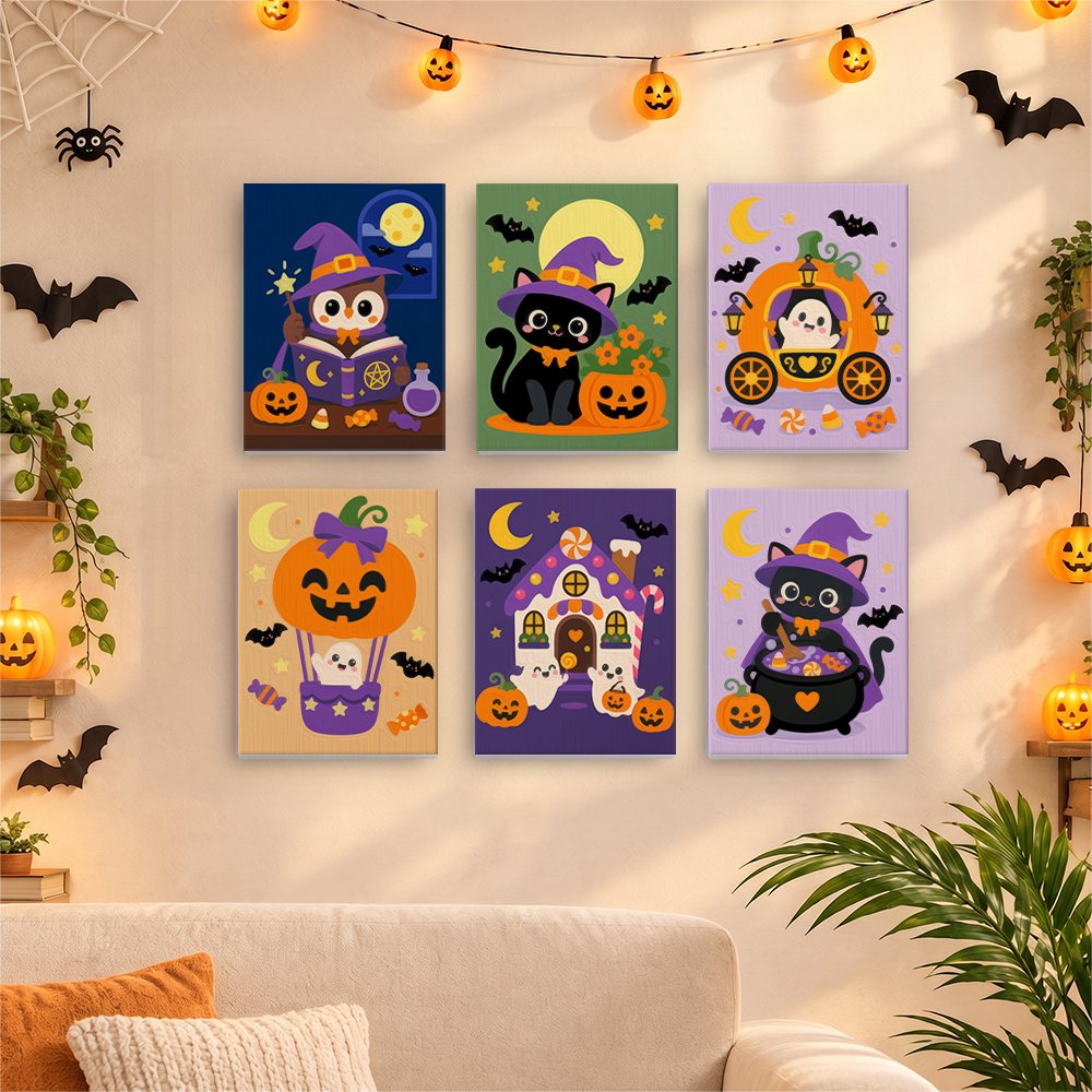 Before and after of a Whimsical Witchy Wonders mini paint by numbers canvas