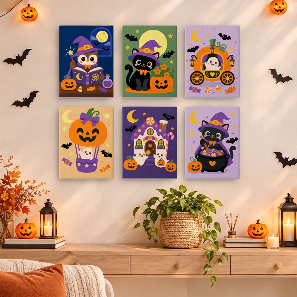 Painting a Whimsical Witchy Wonders mini canvas propped up beside numbered acrylic paints