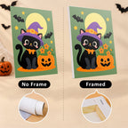 Six finished Whimsical Witchy Wonders mini paintings hung on a wall above a table