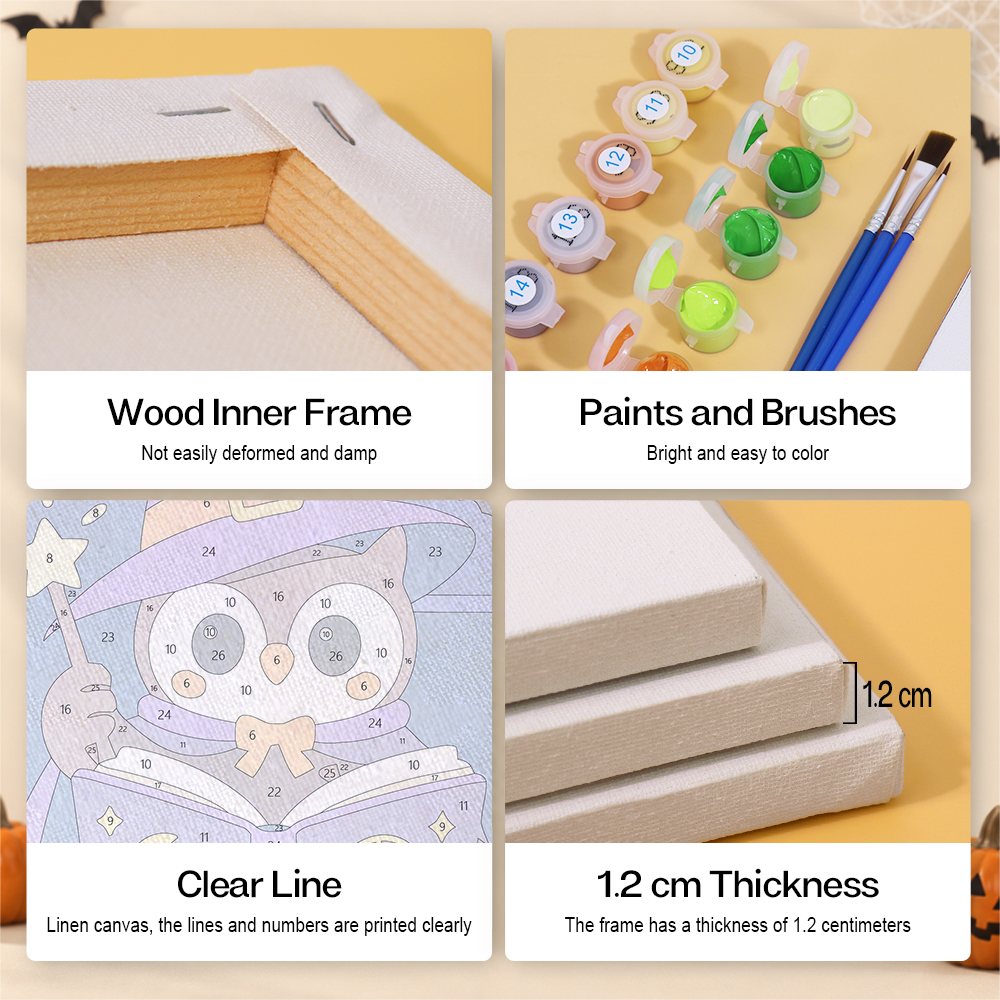 Whimsical Witchy Wonders mini paint by numbers kit with six numbered canvases, acrylic paints, brushes and layout