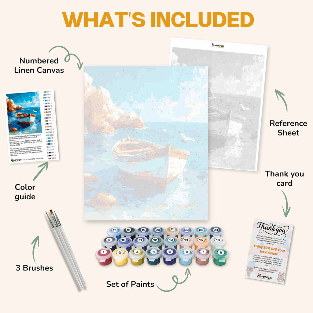 What's included in the Whisper of the Waves paint by numbers kit: numbered linen canvas, reference sheet, color guide, 24 acrylic paints, 3 brushes and thank you card