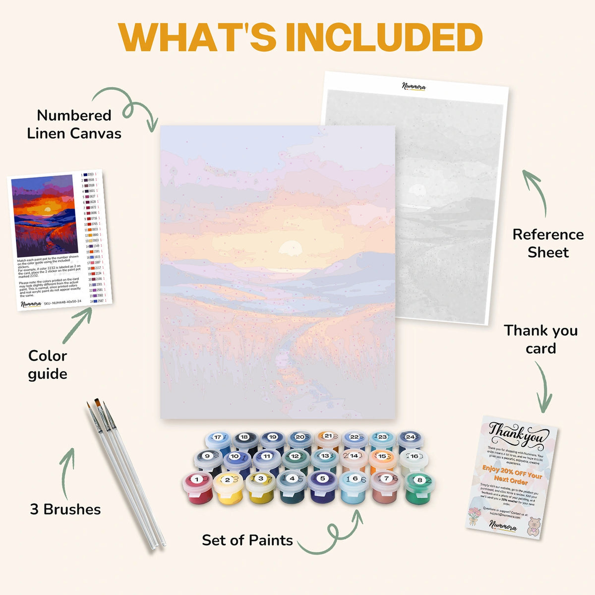 What's included in the Whispering Hills at Dusk paint by numbers kit: numbered linen canvas, reference sheet, color guide, 24 acrylic paints, 3 brushes and thank you card
