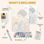 What's included in the Whispers of Kyoto paint by numbers kit: numbered linen canvas, reference sheet, color guide, 24 acrylic paints, 3 brushes and thank you card