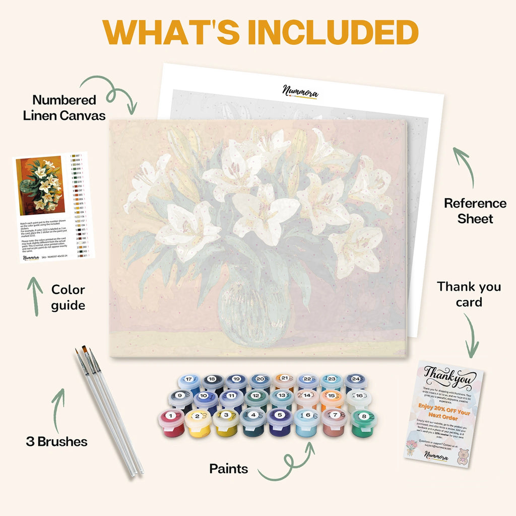 What's included in the Whispers of the Lily paint by numbers kit: numbered linen canvas, reference sheet, color guide, 24 acrylic paints, 3 brushes and thank you card