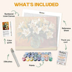 What's included in the Whispers of the Lily paint by numbers kit: numbered linen canvas, reference sheet, color guide, 24 acrylic paints, 3 brushes and thank you card