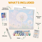What's included in the Whispers of the Wind paint by numbers kit: numbered linen canvas, reference sheet, color guide, 24 acrylic paints, 3 brushes and thank you card