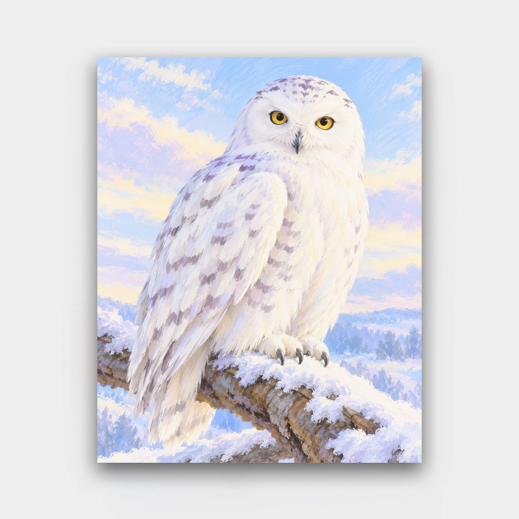 White Winter Owl paint by numbers kit of a snowy owl with golden eyes perched on a snow-covered branch