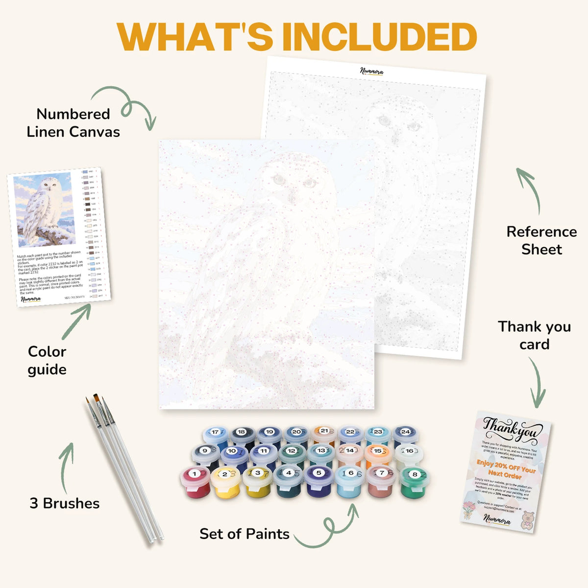 What's included in the White Winter Owl paint by numbers kit: numbered linen canvas, reference sheet, color guide, 24 acrylic paints, 3 brushes and thank you card