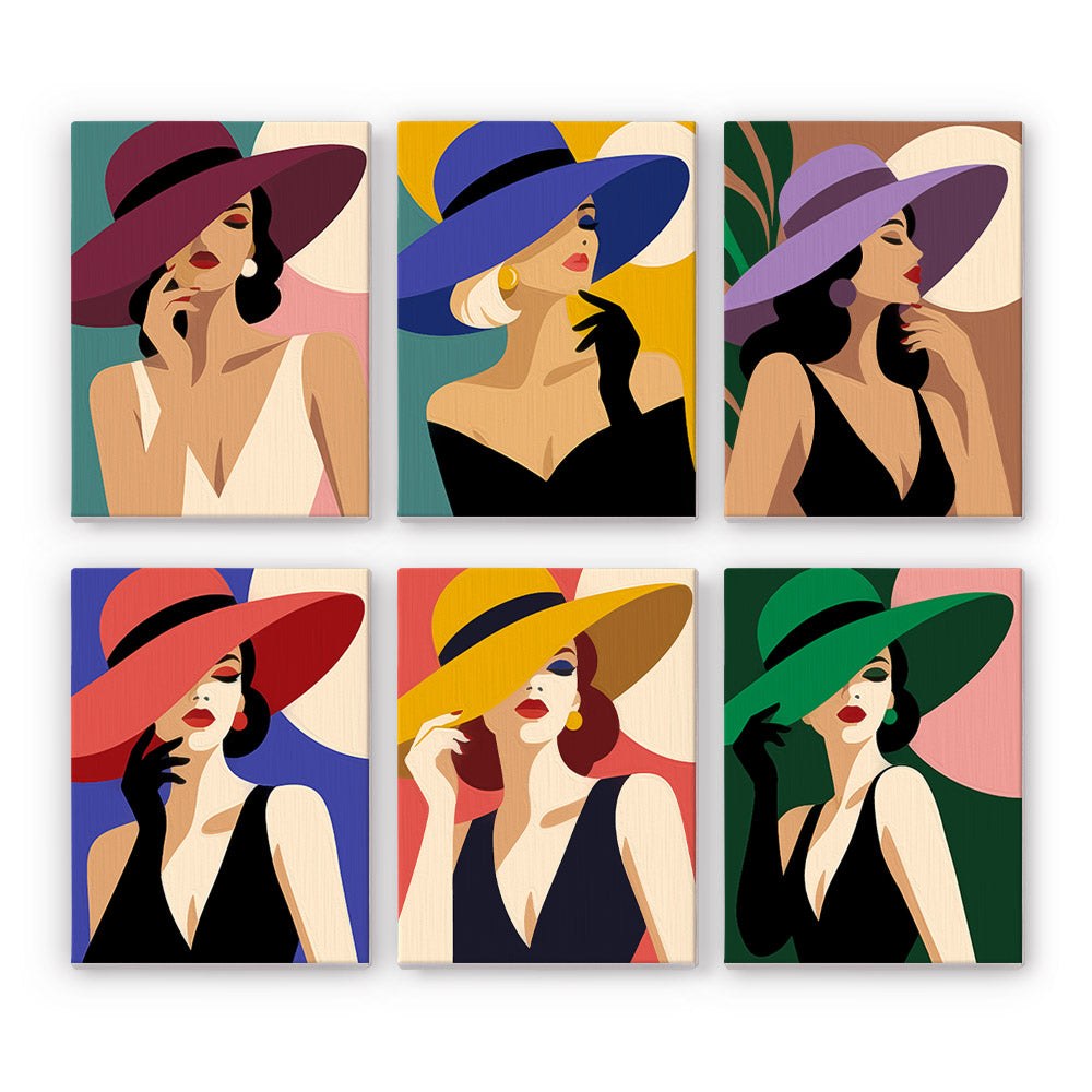 Wide-Brim Glamour mini paint by numbers set: six designs of stylish women in oversized wide-brim hats