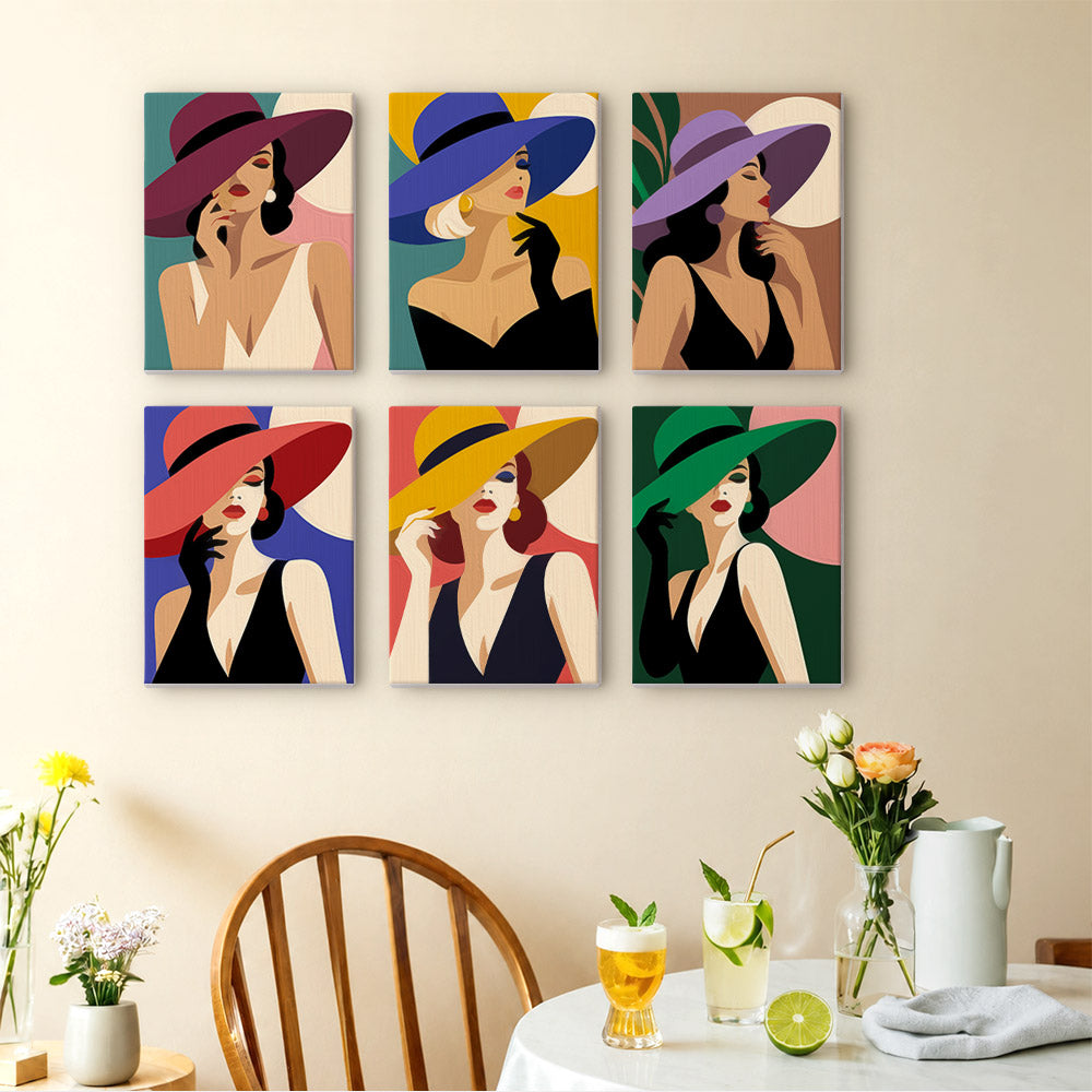 Wide-Brim Glamour mini paintings displayed as a gallery wall in a sunny kitchen