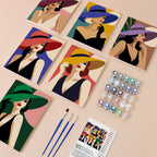 Wide-Brim Glamour mini paint by numbers kit with six numbered canvases, acrylic paints, brushes and layout