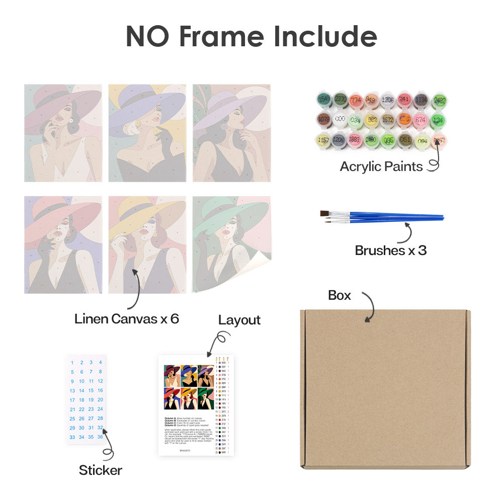 What's included without a frame: six rolled Wide-Brim Glamour mini canvases, acrylic paints, three brushes and layout