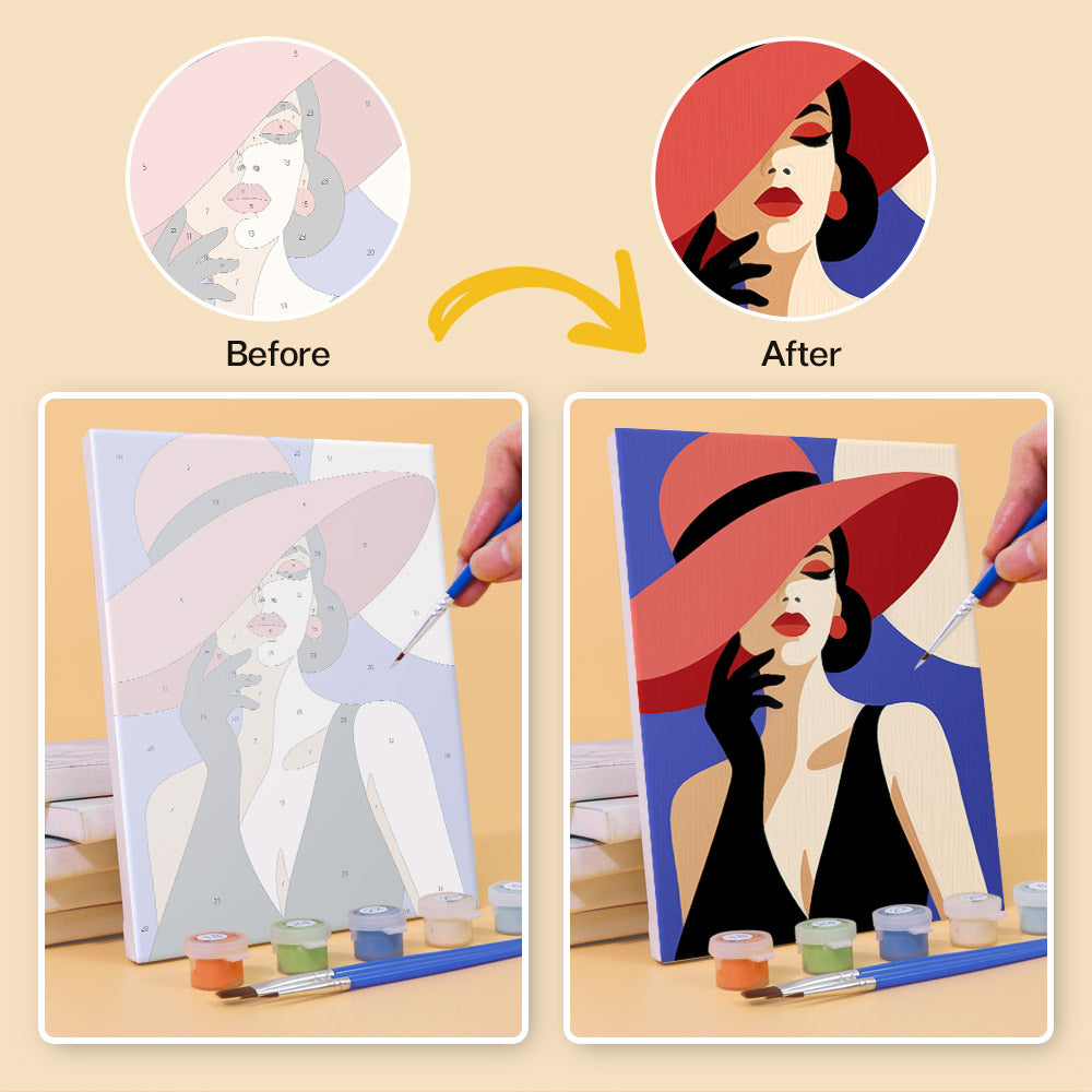 Before and after of a Wide-Brim Glamour mini paint by numbers canvas