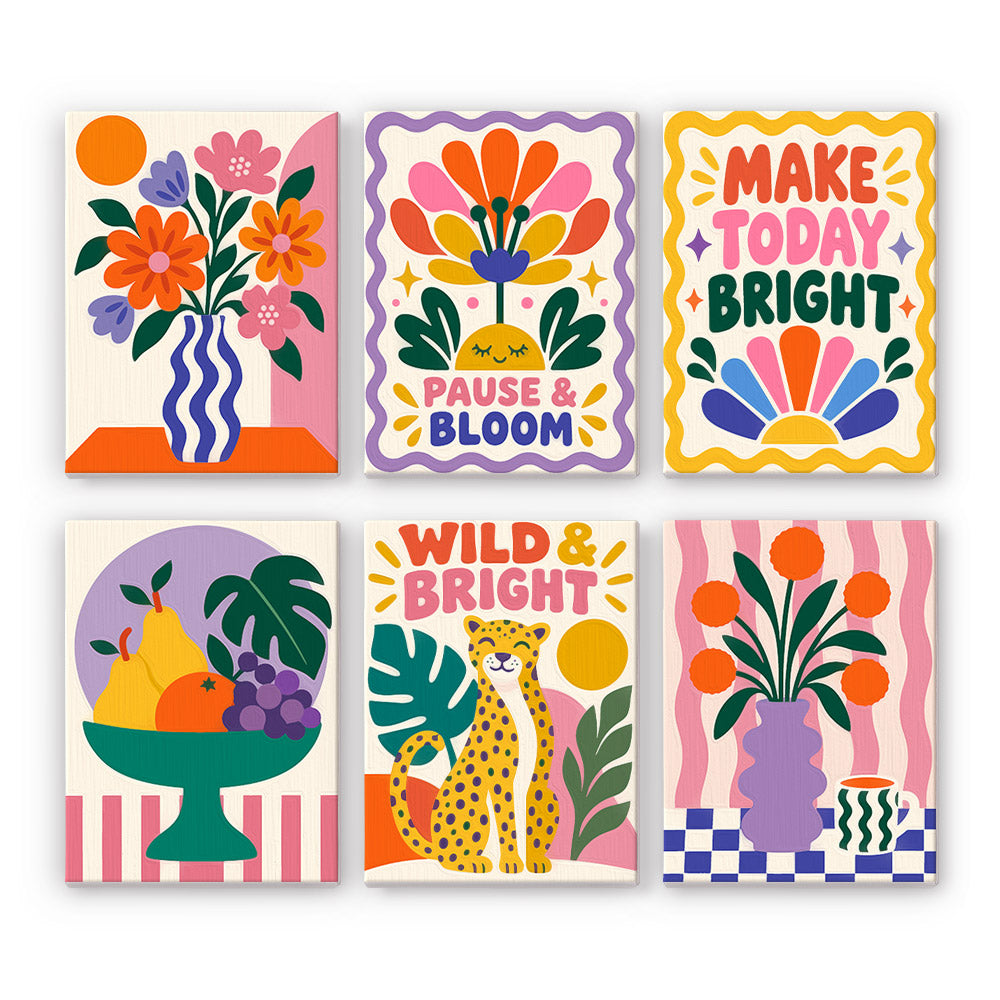 Wild & Bright mini paint by numbers set: six bold designs of folk flowers, uplifting words, a fruit bowl and a leopard