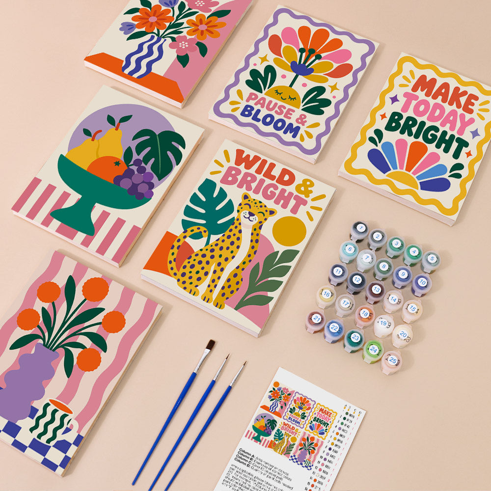 Wild & Bright mini paint by numbers kit with six numbered canvases, acrylic paints, brushes and layout