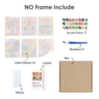 What's included without a frame: six rolled Wild & Bright mini canvases, acrylic paints, three brushes and layout