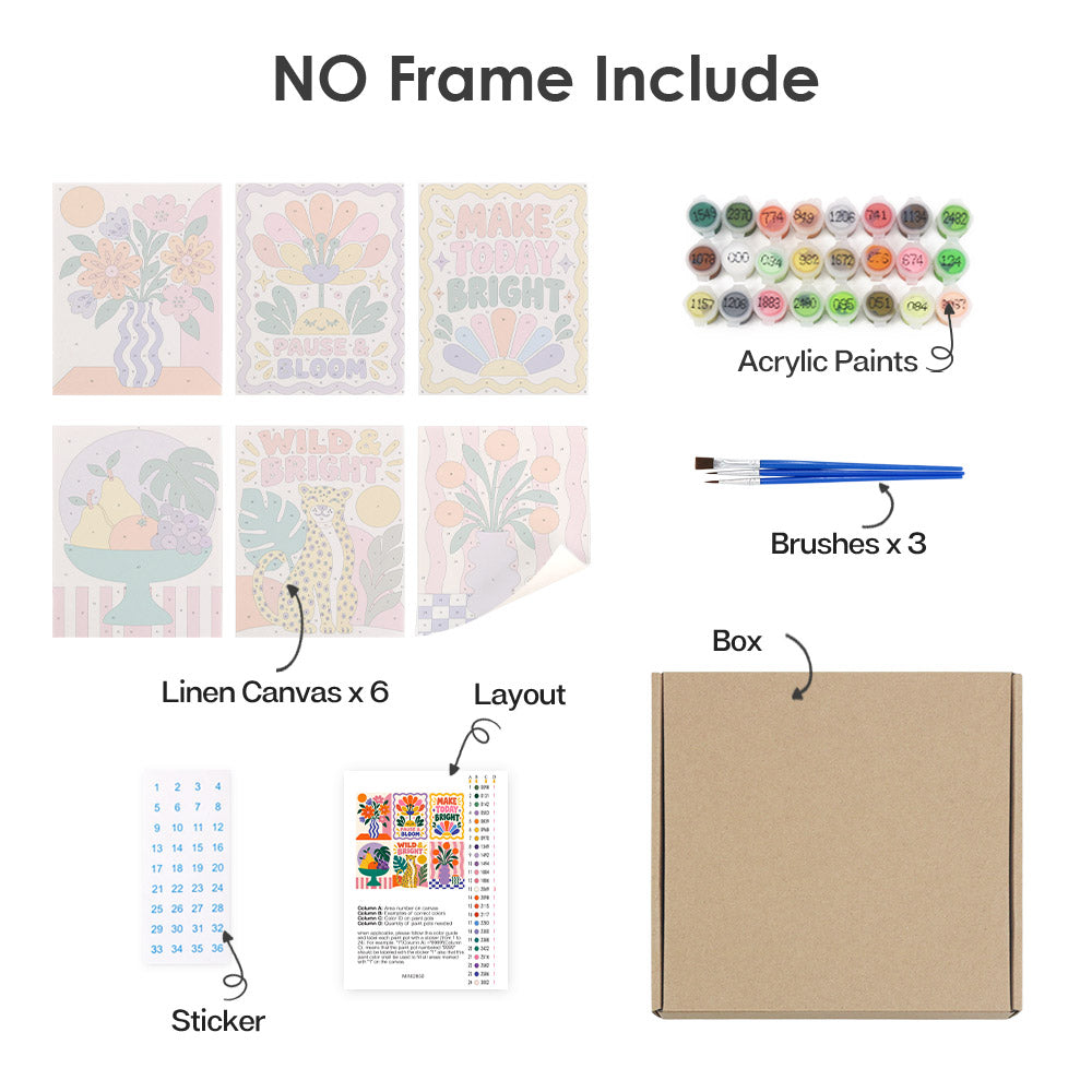 What's included without a frame: six rolled Wild & Bright mini canvases, acrylic paints, three brushes and layout