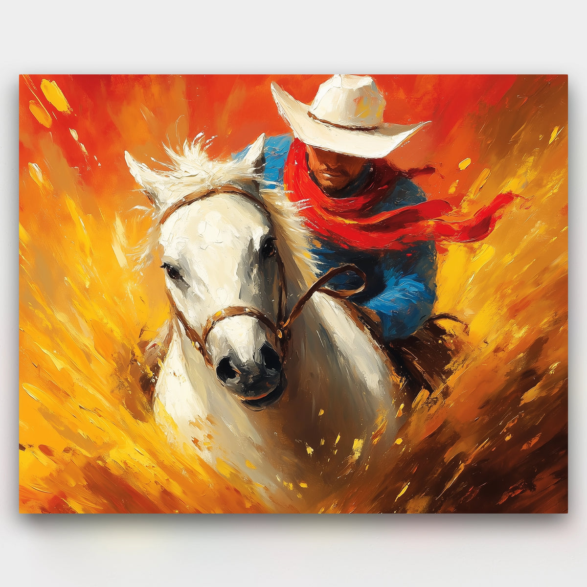 Painting of a cowboy on a white horse with a fiery background